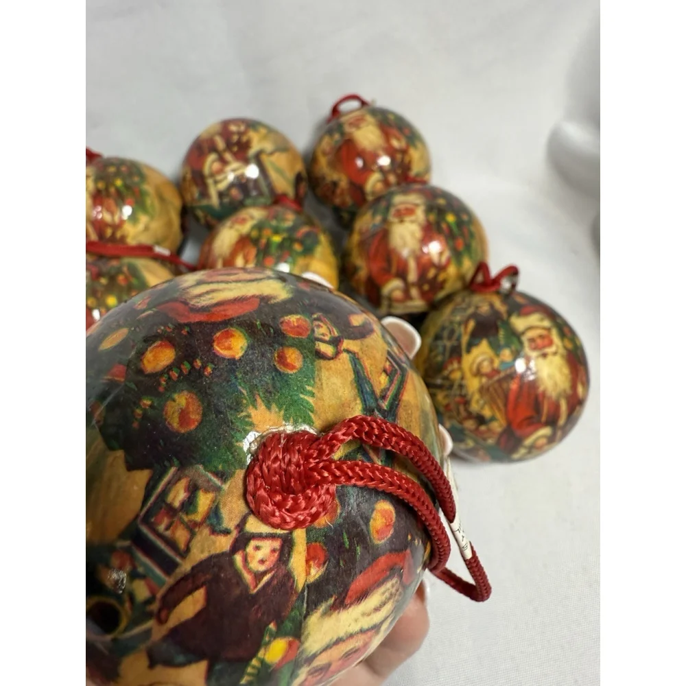 Vintage Paper Mache Christmas Ornament Small Round Santa w/Kids Lot Of 10 RARE